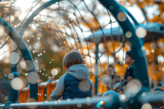kids playing with interactive installations on the commercial playground, with a captivating blurry light bokeh background, promoting the modern and engaging features of play areas