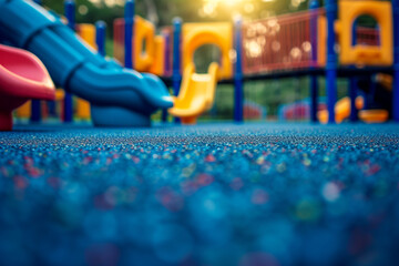 playground with vibrant colors and soft rubber surfacing, set against a delightful blurry light bokeh background, creating a visually appealing and safe play environment - obrazy, fototapety, plakaty