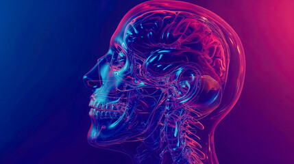 The human head anatomy with arteries, in the style of dark magenta and dark blue.
