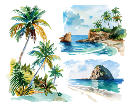 Seaside scenery watercolor hand-painted stickers