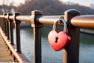 A close-up of a heart-shaped padlock attached to a bridge railing