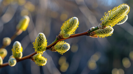 Spring background, the first green fluffy buds swell and bloom willow tree, poster - obrazy, fototapety, plakaty