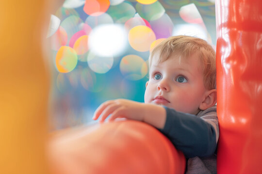 toddler exploring a soft play area on the commercial playground, with gentle motion and a comforting blurry light bokeh background, promoting the safety and comfort of play spaces