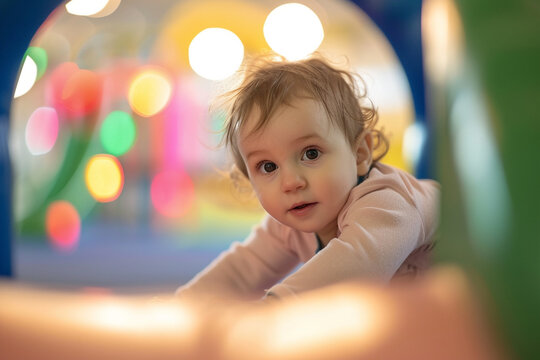 toddler exploring a soft play area on the commercial playground, with gentle motion and a comforting blurry light bokeh background, promoting the safety and comfort of play spaces