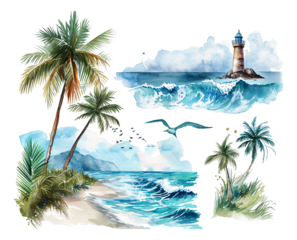 Seaside scenery watercolor hand-painted stickers