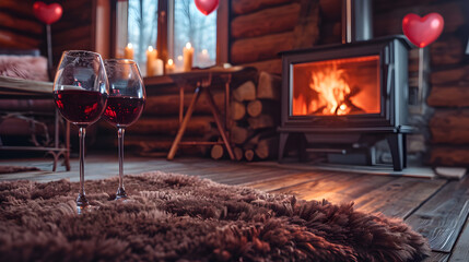 Cinematic photograph of two red wine glasses at a wood log cabin living room in winter. Fireplace. Heart shaped balloons and confeti. Valentines. Love - obrazy, fototapety, plakaty