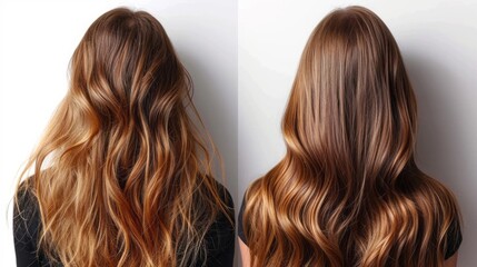 woman posing on white background with change before and after hair extension look