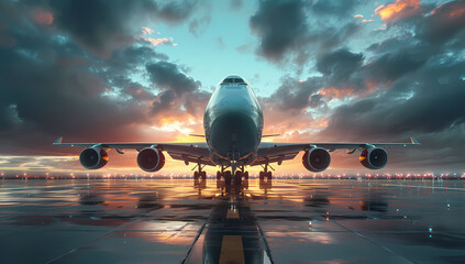 As the sun sets on the tarmac, a majestic airliner stands ready to take flight, its powerful jet engines and aerodynamic wings ready to carry passengers across the endless sky - obrazy, fototapety, plakaty