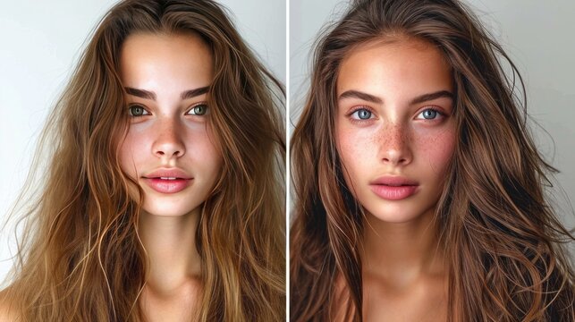 woman posing on white background with change before and after hair extension look