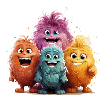 Illustration of charming, colorful, and intelligent monsters together, taking a photo in a white background.