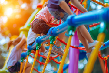 close-up of kids climbing on colorful play structures, set against a soft, blurry light bokeh background, conveying the vibrancy and energy of a commercial playground