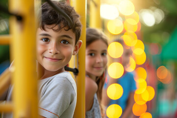 Obraz premium children engaged in different activities on the playground, with a delightful blurry light bokeh background, highlighting the inclusivity and dynamic nature of commercial play area