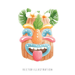 Watercolor of Tiki Statue, Hawaii Travel. Vector Illustration