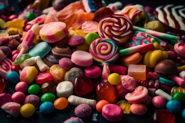 Pile of assorted gummies, suckers, and candies