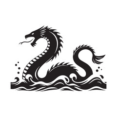 Naklejka premium Aquatic Legends: Sea Serpent Silhouette Tapestry Weaving Tales of Ancient Nautical Mythos - Sea Serpent Illustration - Sea Serpent Vector 
