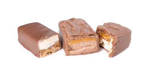 Pieces of tasty chocolate bars with nougat on white background
