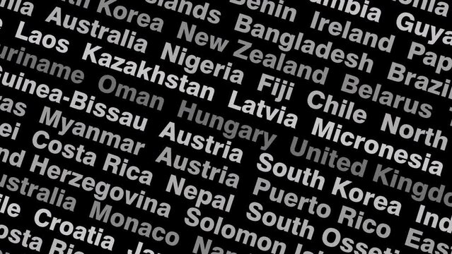 Countries of world breaking news on black background travel and explore diverse country names promoting tourism and global discovery