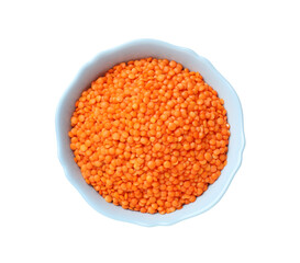 Raw red lentils in bowl isolated on white, top view