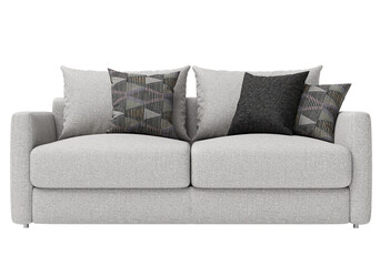 Modern and white fabric sofa with pillowers isolated on white background. Furniture Collection. 