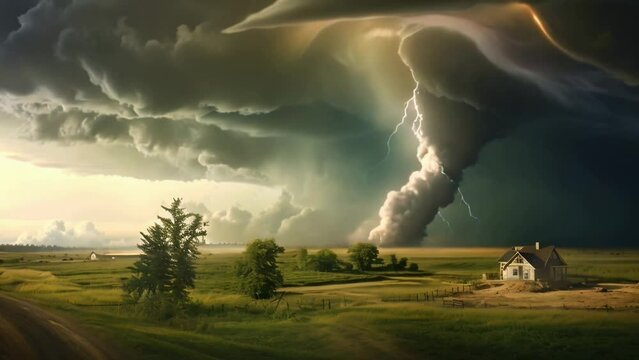 tornado and lightning at farmland
