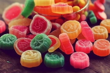 Close up of various gummy candies