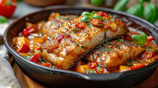 A photo of a braised swordfish side dish.