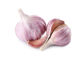 Heads of fresh garlic and clove isolated on white
