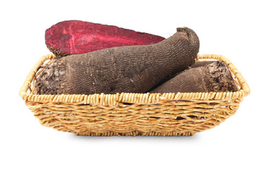 Obraz premium Whole and cut red beets in wicker basket isolated on white