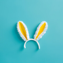 Easter concept. Top view photo of easter bunny ears yellow white eggs on isolated teal background with copy space. Holiday card idea.
