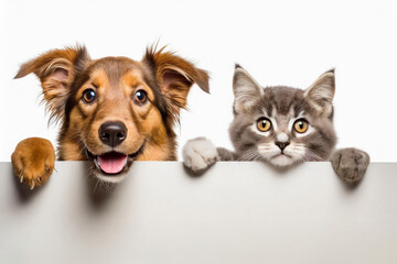 A cute cats and dogs puppies peeking out from behind a white blank banner. on white background, copy space.Mockup,advertisement. - obrazy, fototapety, plakaty