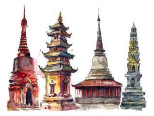 Chinese style ancient architecture watercolor stickers