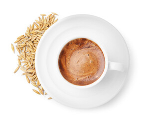Cup of barley coffee and grains isolated on white, top view