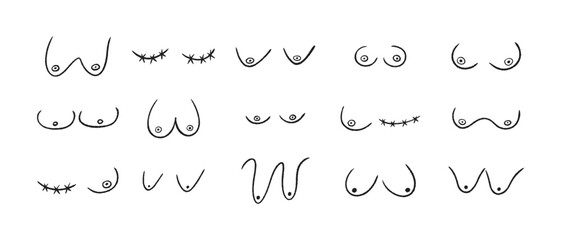 Hand drawn woman breast collection. Set of female breasts different sizes, breast cancer. Line style, doodle vector illustration.