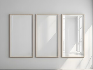Three mockup poster frames on white living room wall close up