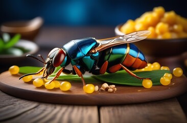 Close-up fly with yellow peas on table, insect food
