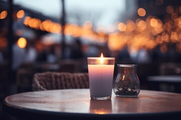 A flickering candle at an al fresco dining area during the cold season, warm ambiance, focused shot, blurred background.