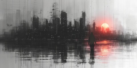 Fototapeta premium Silhouetted New York: The Iconic Skyline Emerges Through Misty Veils in a Monochromatic Cityscape at Dawn, Generative AI