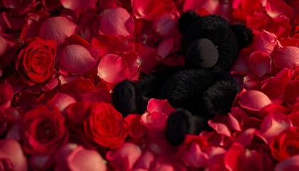 Black Teddy bear surrounded by a sea of red and pink rose petals captured in high definition creating a romantic and enchanting scene with a