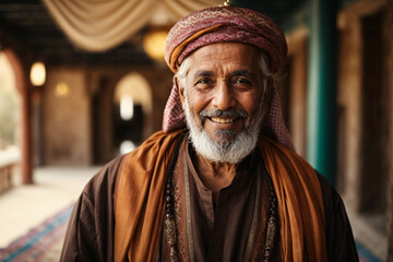 Image of smiling Arabian elderly bearded man wearing traditional clothing and looking at camera while standing against blurred background. Ai generative - obrazy, fototapety, plakaty