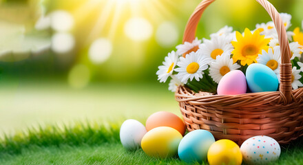 Easter eggs in a basket with flowers on green grass. Sunny nature bokeh background. Copy place. 