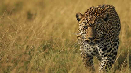 photograph of a leopard walking in grass