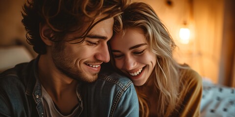 Adoring all aspects of her. Attractive youthful pair connecting and grinning in the bedroom.