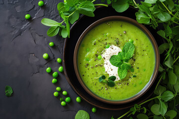 Smooth green pea soup on a dark background.
Created with Generative AI technology