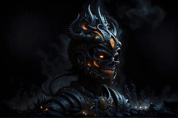 demon warrior skull - statue made of metal and fire n3
