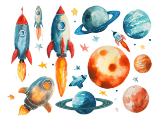 Watercolor style space exploration themed stickers