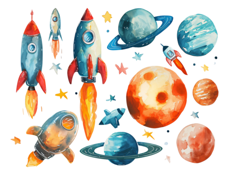 Watercolor style space exploration themed stickers - Powered by Adobe