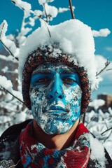 Portrait of a man with a painted face in the winter forest.