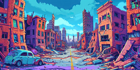 Abandoned Ruin City Depicting Broken Buildings, Cars, and Roads in a Cartoon Vector Style. The Scene Portrays a Post-war or Post-earthquake Street with a Creepy, Dilapidated Atmosphere