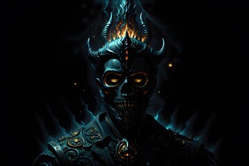 demon warrior skull - statue made of metal and fire n2