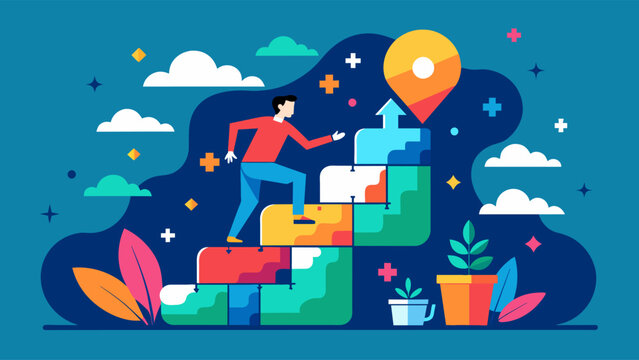 Colorful vector illustration of a man climbing steps to reach a goal